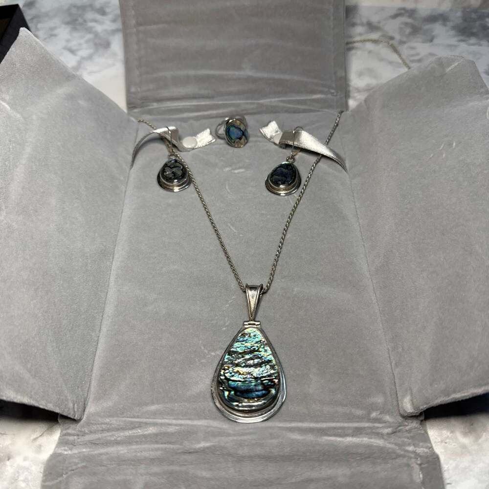 HUGE Abalone Shell Sterling Silver 925 ATI Mexico Dangle Pendant VTG Necklace, e